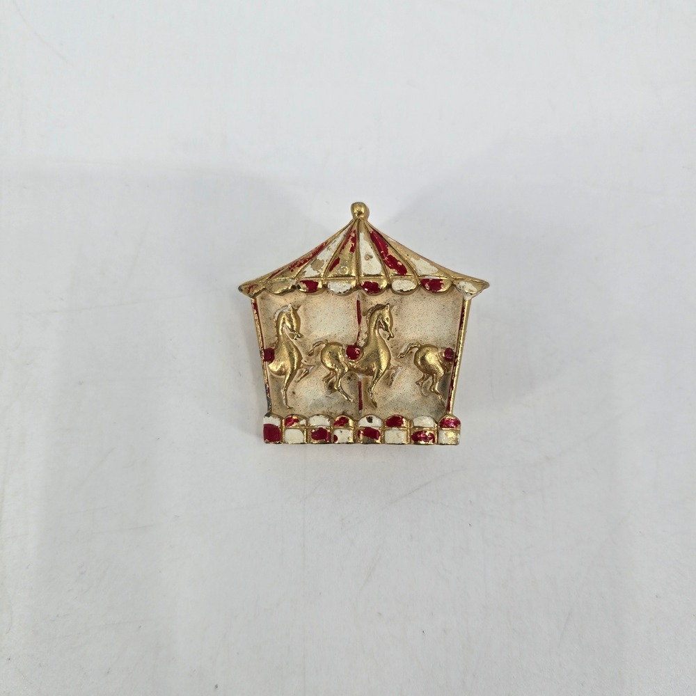 Vintage Carousel Horse Brooch Scarf Bolo Slide Red White Enamel Gold Tone Pin